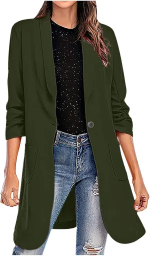 Women's Casual Long Blazers Trendy Ruched 3/4 Sleeve Lapel Jackets Open Front Long Sleeve Work Office Suit Jackets