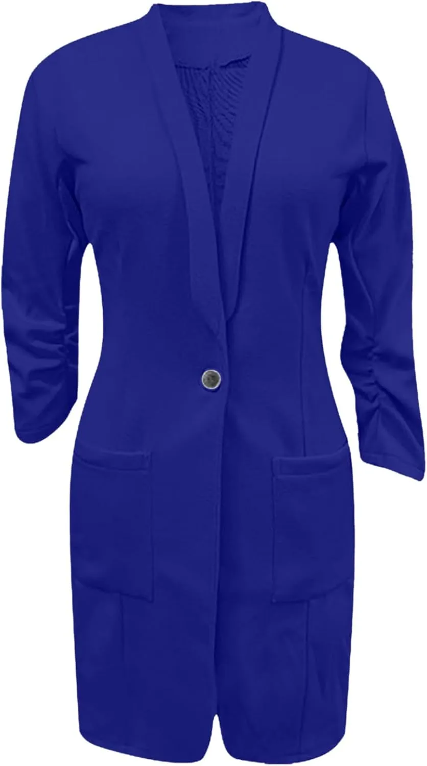 Women's Casual Long Blazers Trendy Ruched 3/4 Sleeve Lapel Jackets Open Front Long Sleeve Work Office Suit Jackets