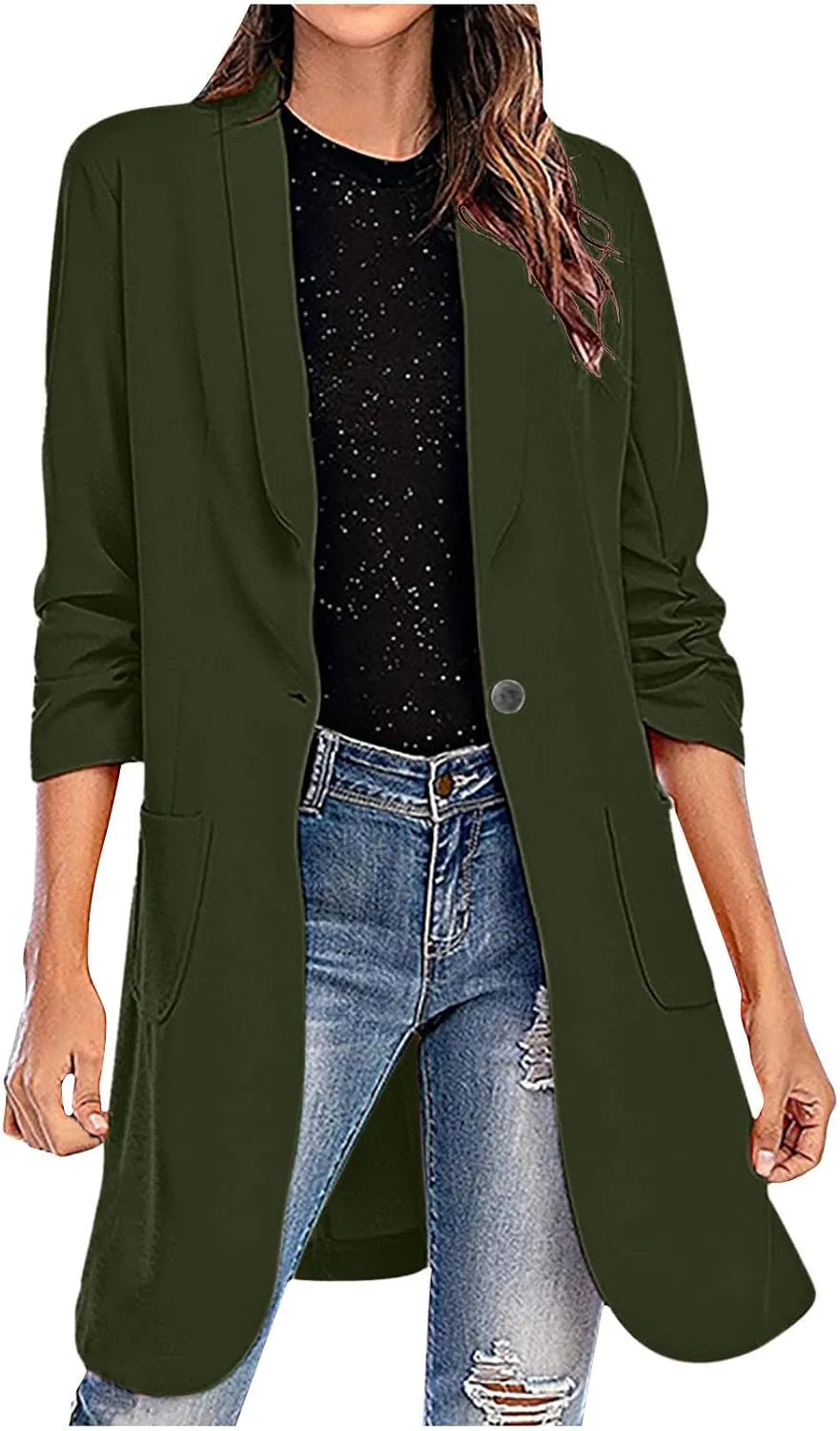 Women's Casual Long Blazers Trendy Ruched 3/4 Sleeve Lapel Jackets Open Front Long Sleeve Work Office Suit Jackets