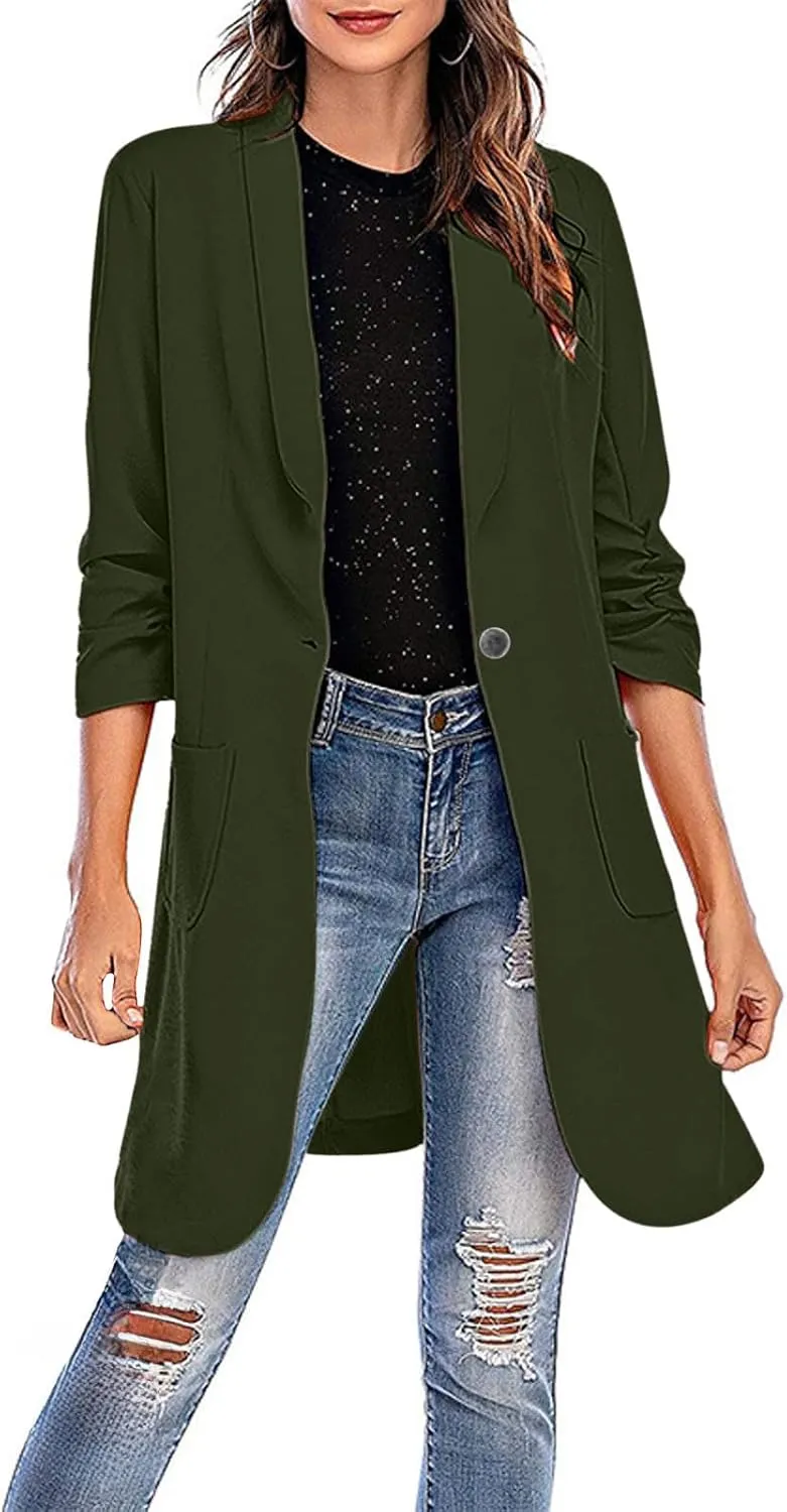 Women's Casual Long Blazers Trendy Ruched 3/4 Sleeve Lapel Jackets Open Front Long Sleeve Work Office Suit Jackets