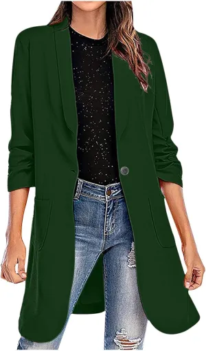 Women's Casual Long Blazers Trendy Ruched 3/4 Sleeve Lapel Jackets Open Front Long Sleeve Work Office Suit Jackets