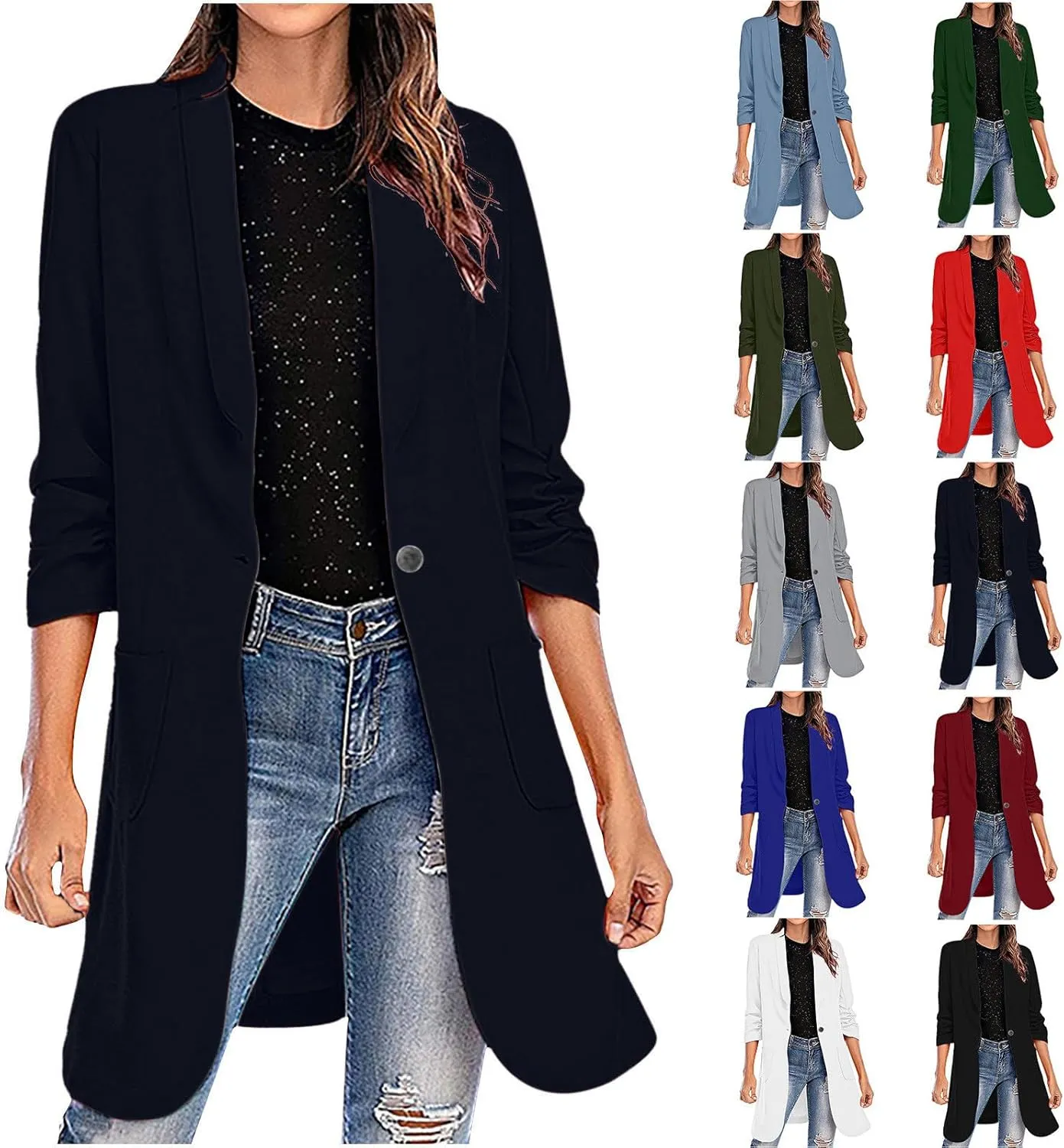 Women's Casual Long Blazers Trendy Ruched 3/4 Sleeve Lapel Jackets Open Front Long Sleeve Work Office Suit Jackets