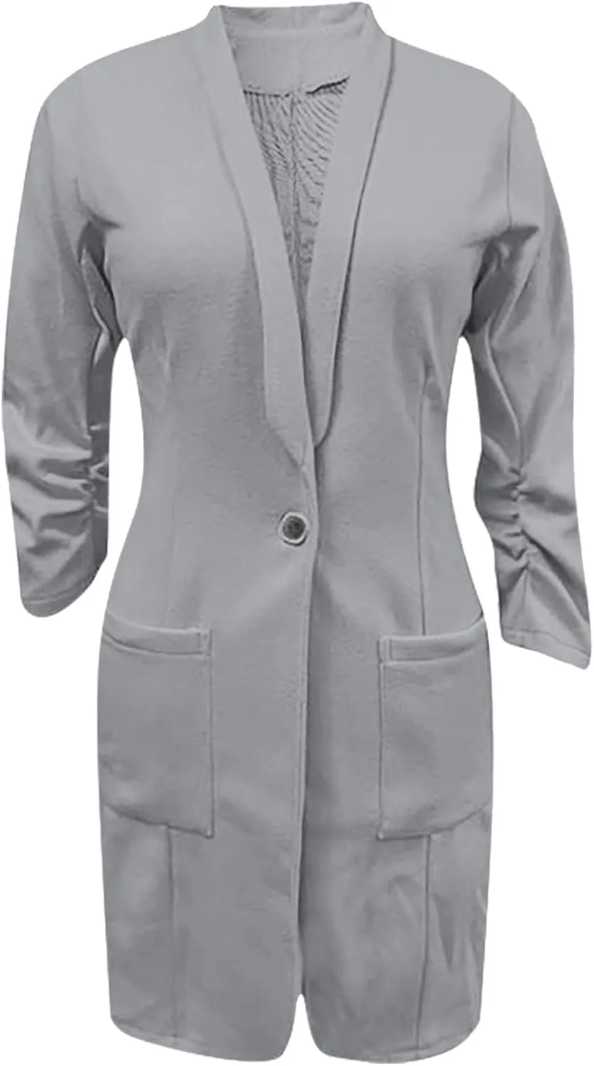 Women's Casual Long Blazers Trendy Ruched 3/4 Sleeve Lapel Jackets Open Front Long Sleeve Work Office Suit Jackets