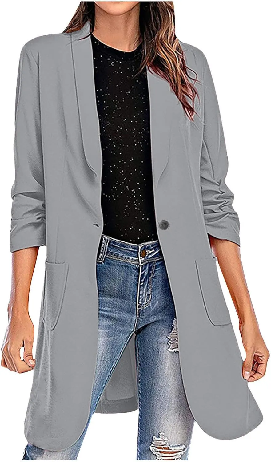 Women's Casual Long Blazers Trendy Ruched 3/4 Sleeve Lapel Jackets Open Front Long Sleeve Work Office Suit Jackets
