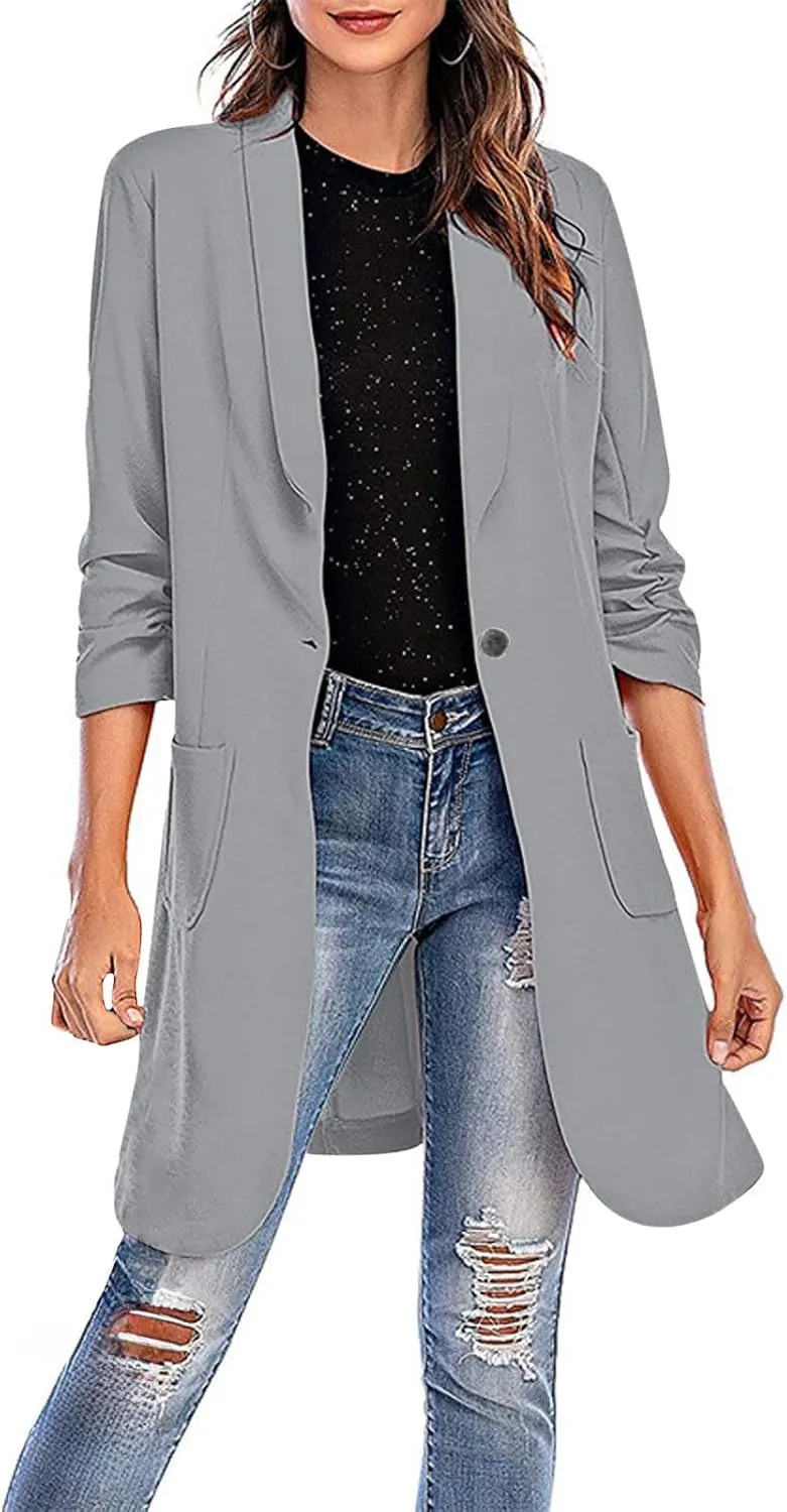 Women's Casual Long Blazers Trendy Ruched 3/4 Sleeve Lapel Jackets Open Front Long Sleeve Work Office Suit Jackets