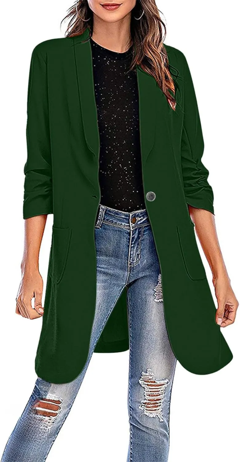 Women's Casual Long Blazers Trendy Ruched 3/4 Sleeve Lapel Jackets Open Front Long Sleeve Work Office Suit Jackets