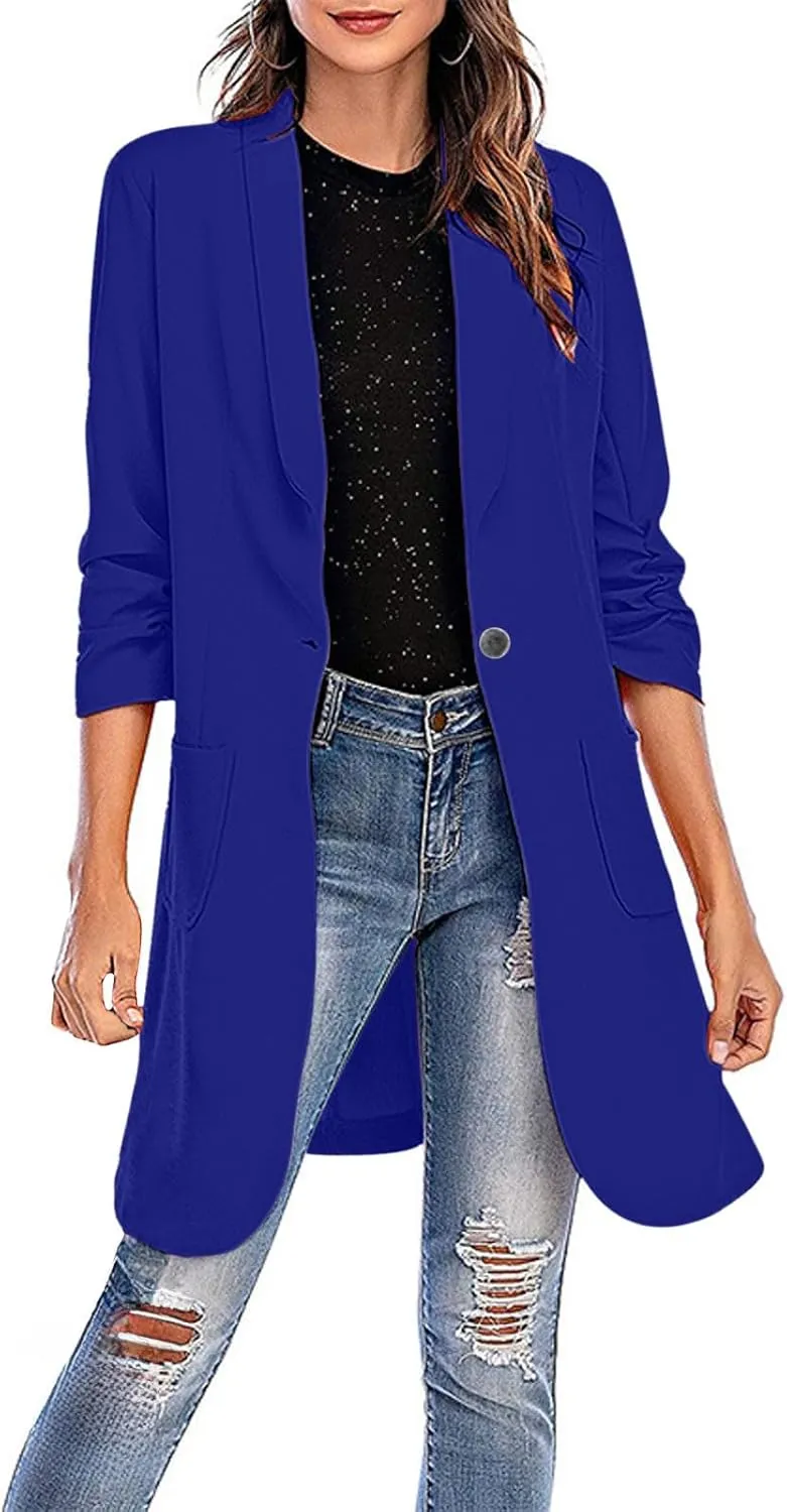 Women's Casual Long Blazers Trendy Ruched 3/4 Sleeve Lapel Jackets Open Front Long Sleeve Work Office Suit Jackets
