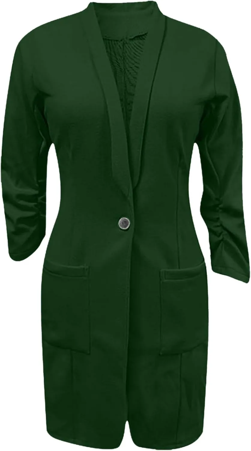 Women's Casual Long Blazers Trendy Ruched 3/4 Sleeve Lapel Jackets Open Front Long Sleeve Work Office Suit Jackets