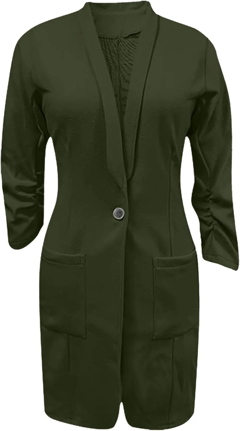 Women's Casual Long Blazers Trendy Ruched 3/4 Sleeve Lapel Jackets Open Front Long Sleeve Work Office Suit Jackets
