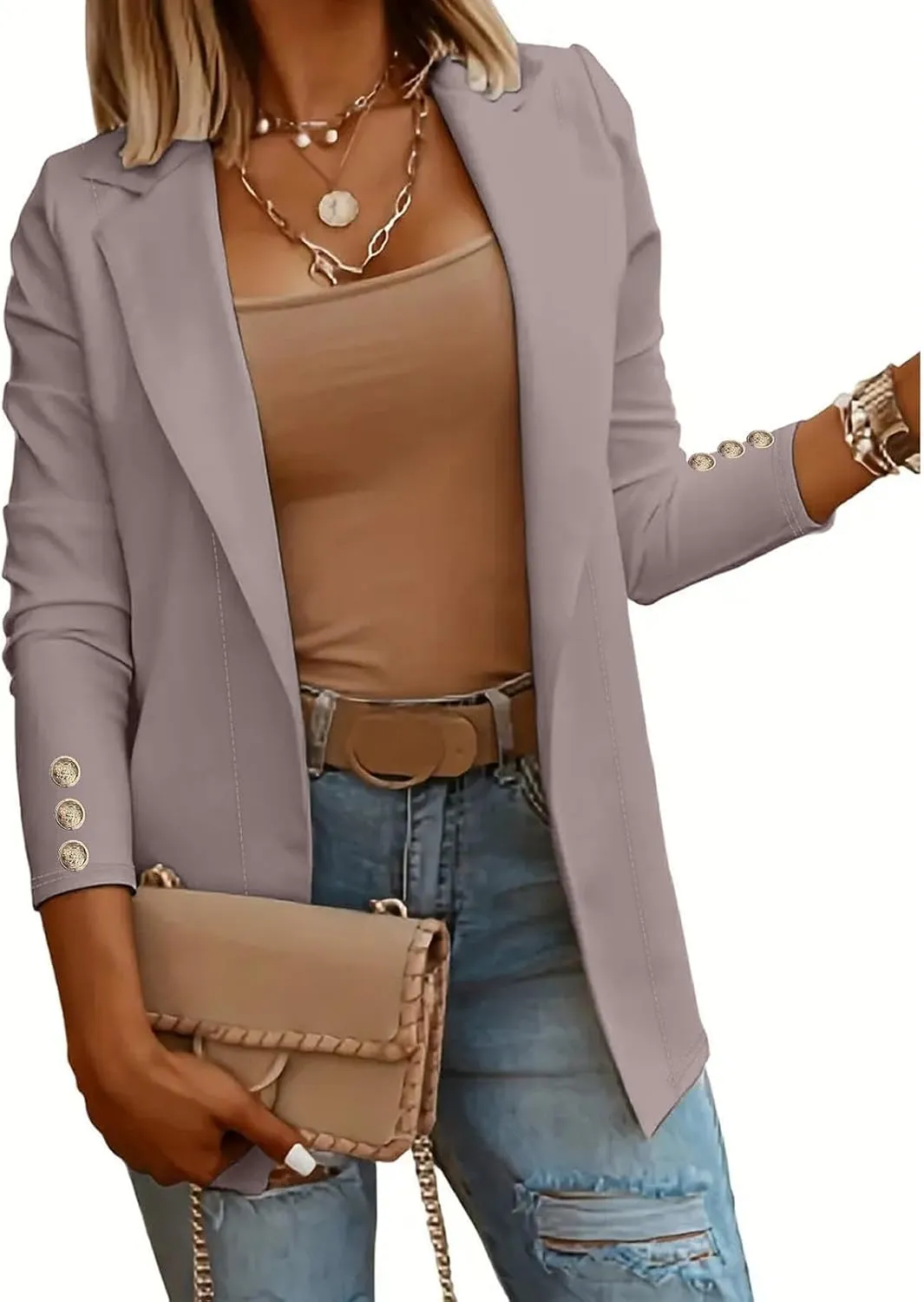 Womens Casual Long Sleeve Blazer Open Front Solid Color Work Office Blazer Jackets Lightweight Stretch Lapel Jackets