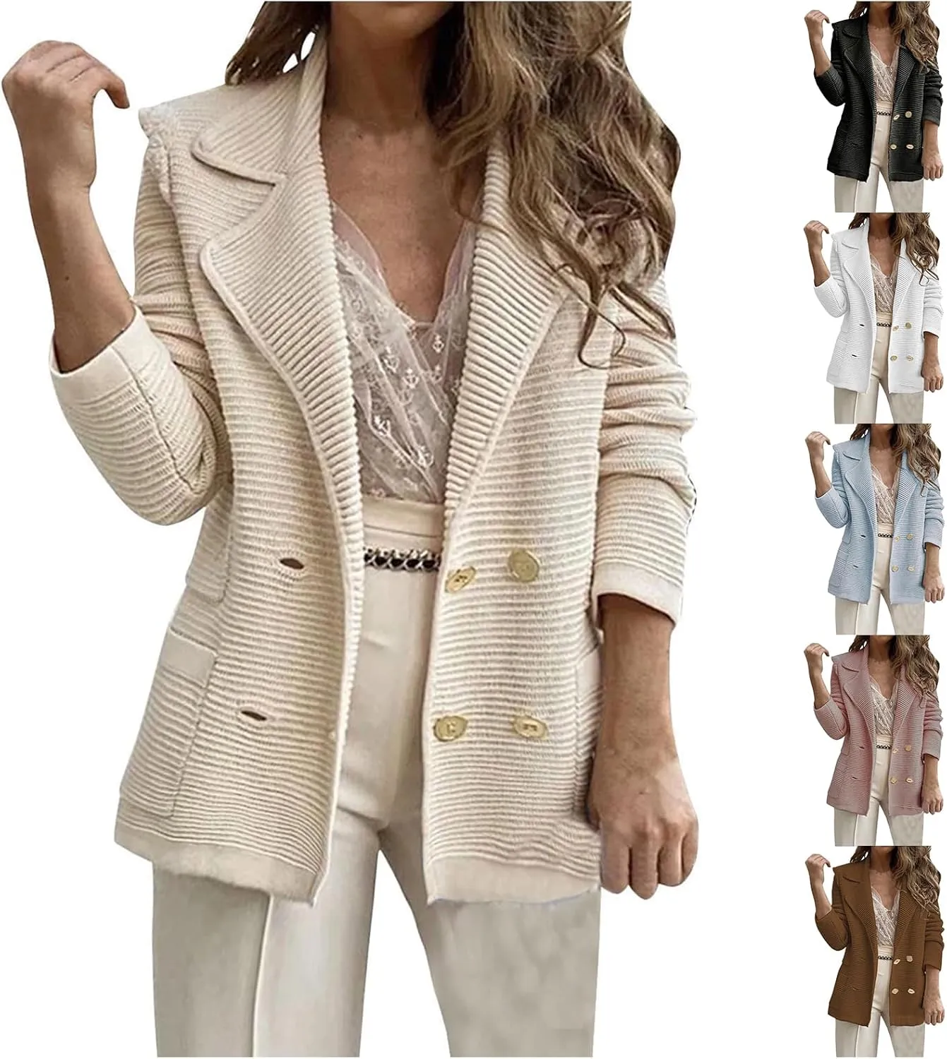 Womens Casual Long Sleeve Blazers Business Casual Jacket Textured Button Coat Lightweight Cardigans with Pockets