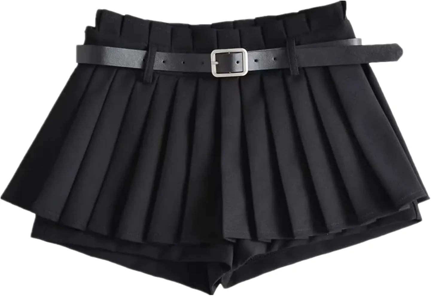Women's Casual Mid Waist Mini Skirt Pleated A Line Skirt Solid Skirt Shorts with Skirt with Belt Layered Skorts