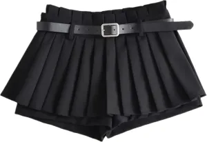 Women's Casual Mid Waist Mini Skirt Pleated A Line Skirt Solid Skirt Shorts with Skirt with Belt Layered Skorts