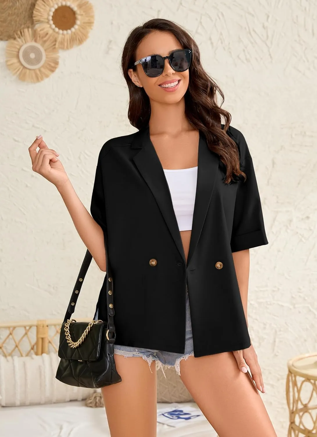 Women's Casual Short Sleeve Blazers Oversized Lapel Button Solid Work Office Outwear Jacket Spring Summer