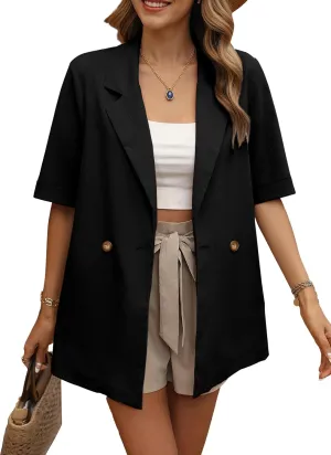 Women's Casual Short Sleeve Blazers Oversized Lapel Button Solid Work Office Outwear Jacket Spring Summer