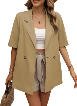 Women's Casual Short Sleeve Blazers Oversized Lapel Button Solid Work Office Outwear Jacket Spring Summer