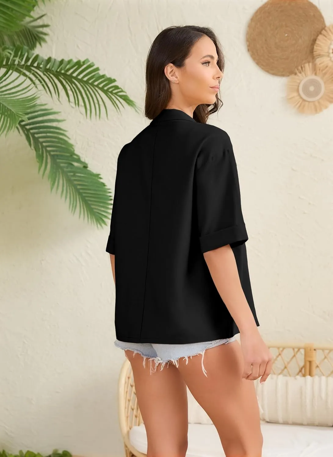 Women's Casual Short Sleeve Blazers Oversized Lapel Button Solid Work Office Outwear Jacket Spring Summer