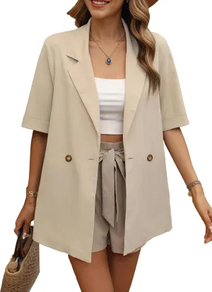 Women's Casual Short Sleeve Blazers Oversized Lapel Button Solid Work Office Outwear Jacket Spring Summer