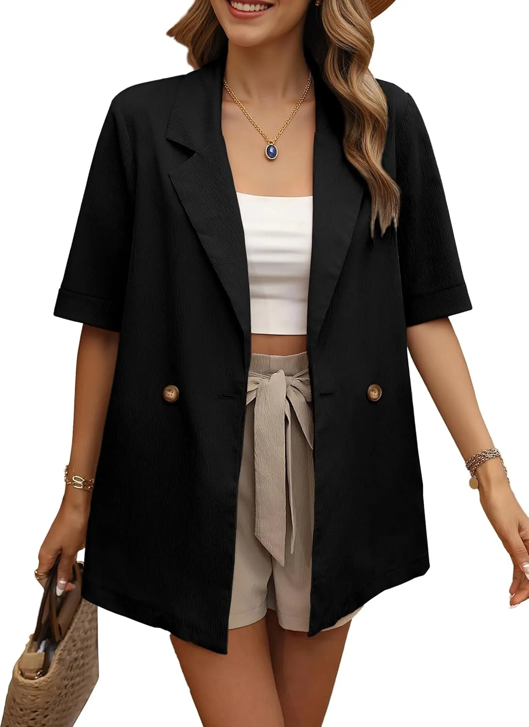 Women's Casual Short Sleeve Blazers Oversized Lapel Button Solid Work Office Outwear Jacket Spring Summer
