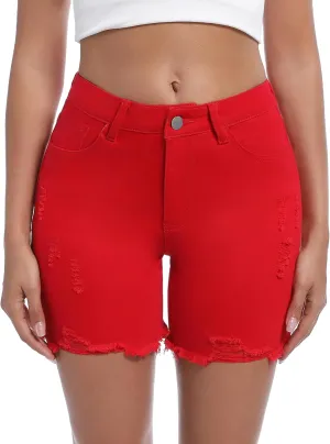 Women’s Casual Summer Ripped High Waisted Denim Shorts Stretch Distressed Frayed Raw Hem Jean Shorts