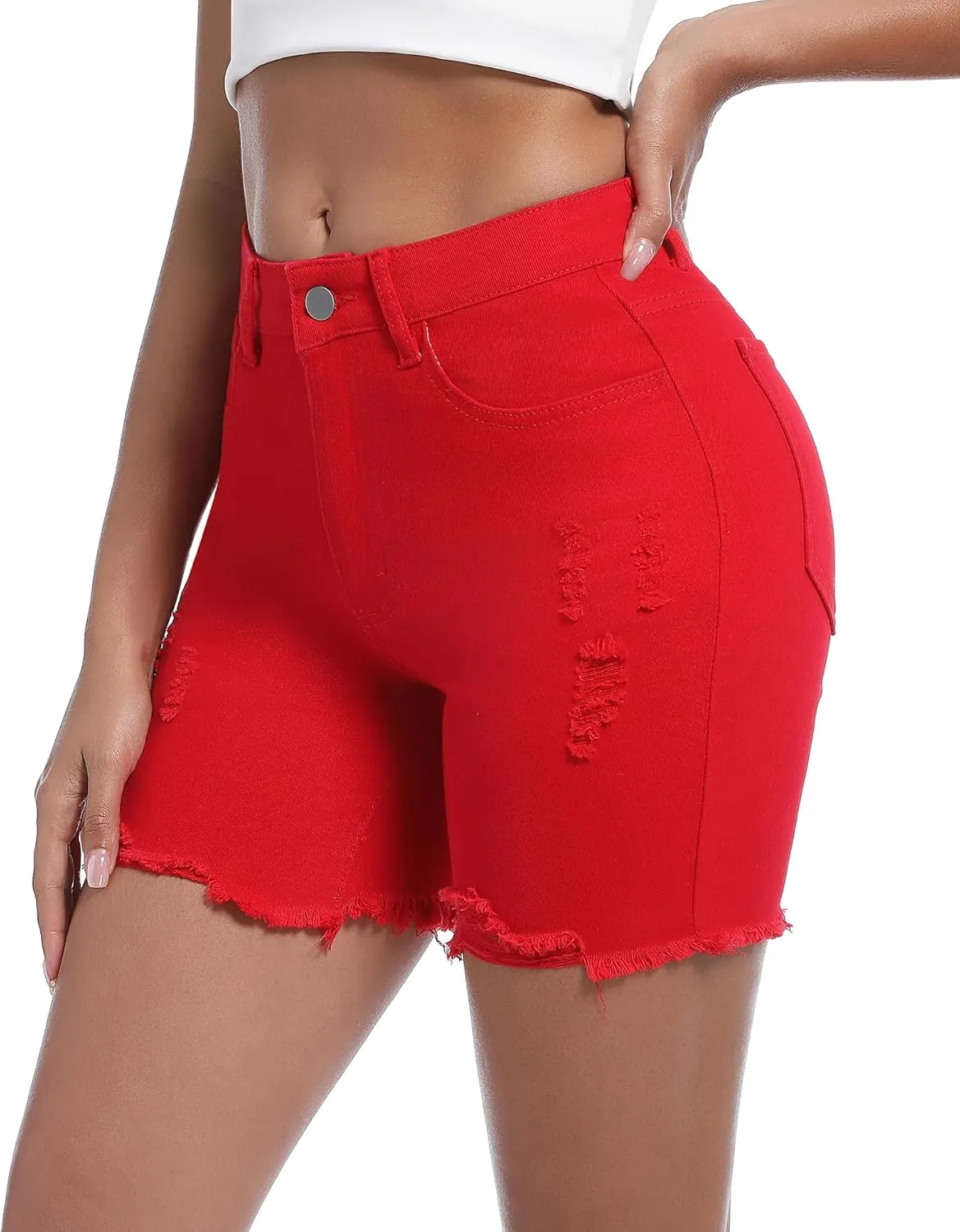 Women’s Casual Summer Ripped High Waisted Denim Shorts Stretch Distressed Frayed Raw Hem Jean Shorts