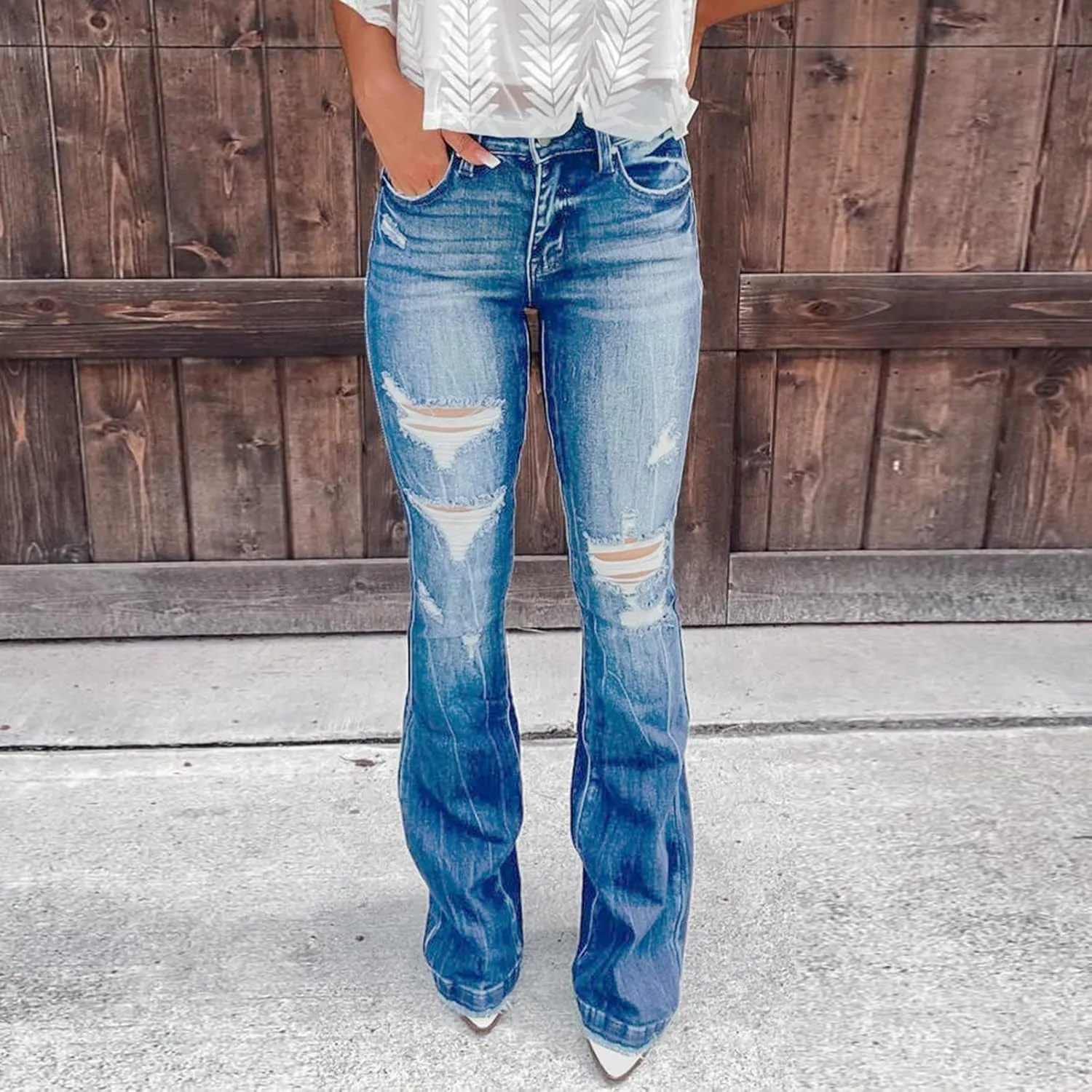 Women's Classic Skinny Jeans Ripped Bell Bottom High Waisted Flared Jean Pants Retro Distressed Wide Leg Denim Pants