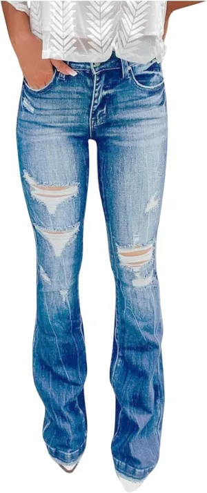 Women's Classic Skinny Jeans Ripped Bell Bottom High Waisted Flared Jean Pants Retro Distressed Wide Leg Denim Pants