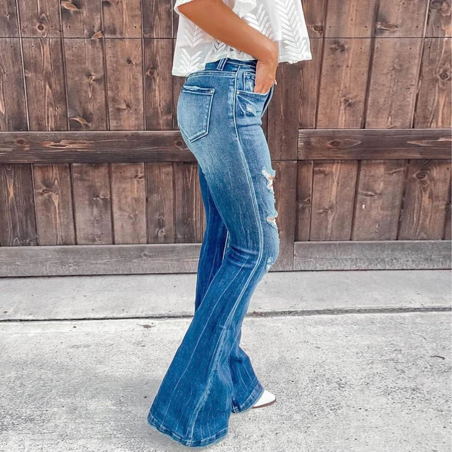 Women's Classic Skinny Jeans Ripped Bell Bottom High Waisted Flared Jean Pants Retro Distressed Wide Leg Denim Pants