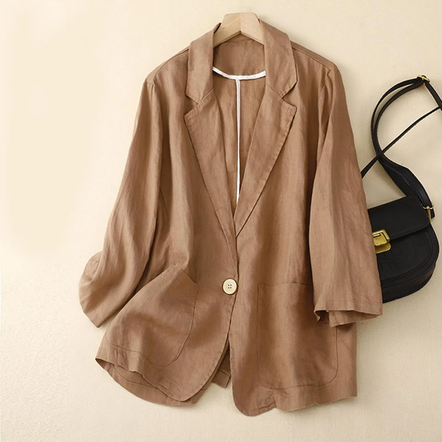 Womens Cotton Linen Blazer Shirts Casual Lightweight Long Sleeve Small Suit Top 2024 Open Front Cardigans with Pocket