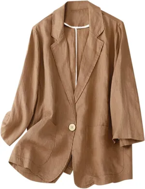 Womens Cotton Linen Blazer Shirts Casual Lightweight Long Sleeve Small Suit Top 2024 Open Front Cardigans with Pocket