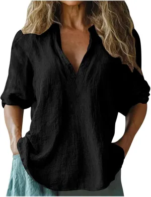 Women's Cotton Linen V Neck 3/4 Long Sleeve Solid Color Shirts Summer Fashion Casual Comfy Breathable Loose Tops