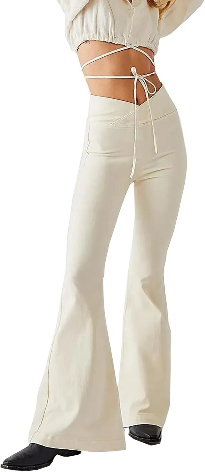 Women's Crossover Flare Jeans High Waisted Stretch Denim Pants