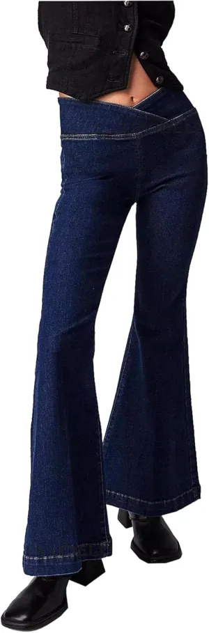 Women's Crossover Flare Jeans High Waisted Stretch Denim Pants