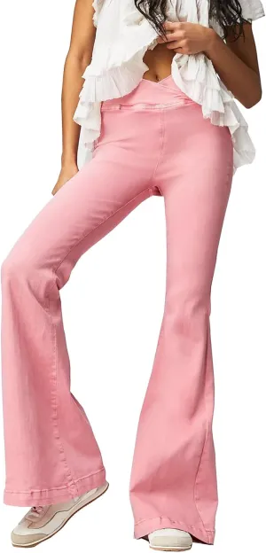 Women's Crossover Flare Jeans High Waisted Stretch Denim Pants