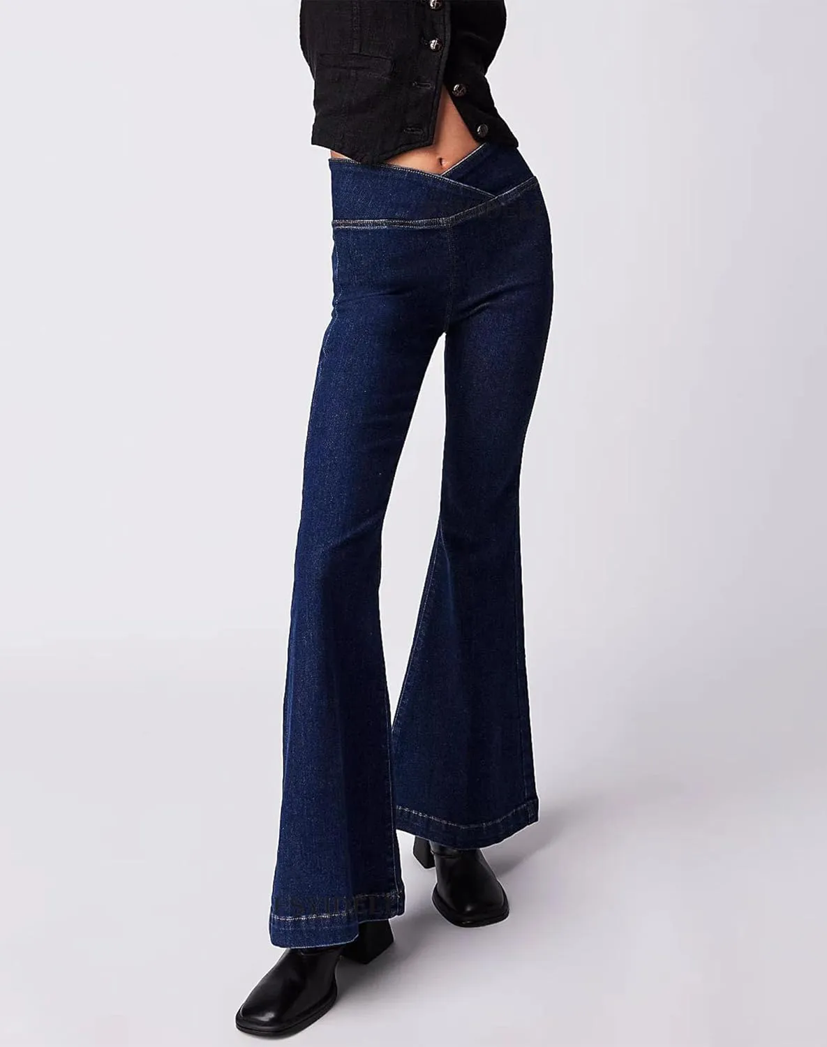 Women's Crossover Flare Jeans High Waisted Stretch Denim Pants
