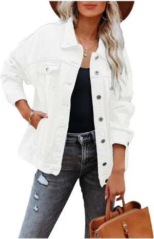 Women's Denim Jackets Light Weight Oversized Jean Jacket Button Down Boyfriend Trucker Denim Shacket Fall Coat Pockets