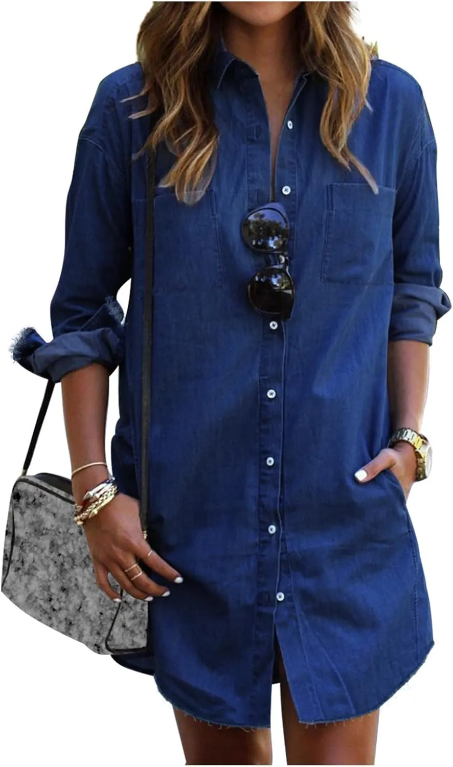 Womens Denim Shirt Long Jean Jacket Denim Button Down Shirt Casual Dressy Long Sleeve Oversized Shacket with Pockets