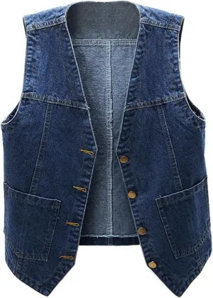 Womens Denim Vest Jean Vest Top for Women Cropped Denim Jacket Sleeveless V Neck Button Down Jean Coat with Pockets