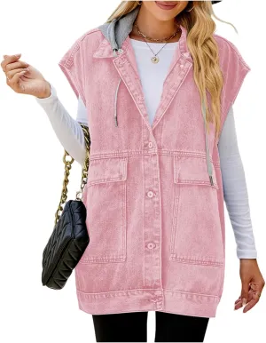 Womens Denim Vest Top Oversized Jean Jacket Sleeveless Button Down Long Denim Vest Waistcoat Shacket with Pockets