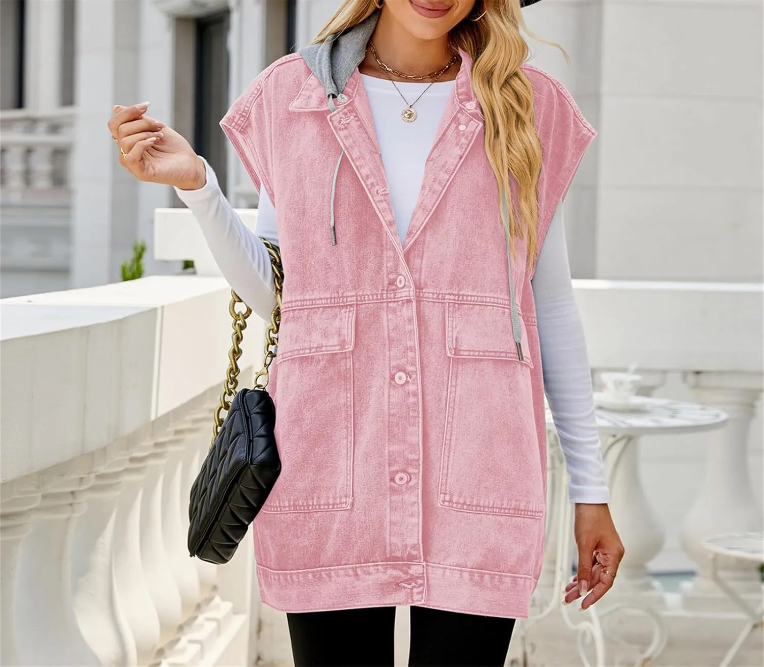 Womens Denim Vest Top Oversized Jean Jacket Sleeveless Button Down Long Denim Vest Waistcoat Shacket with Pockets