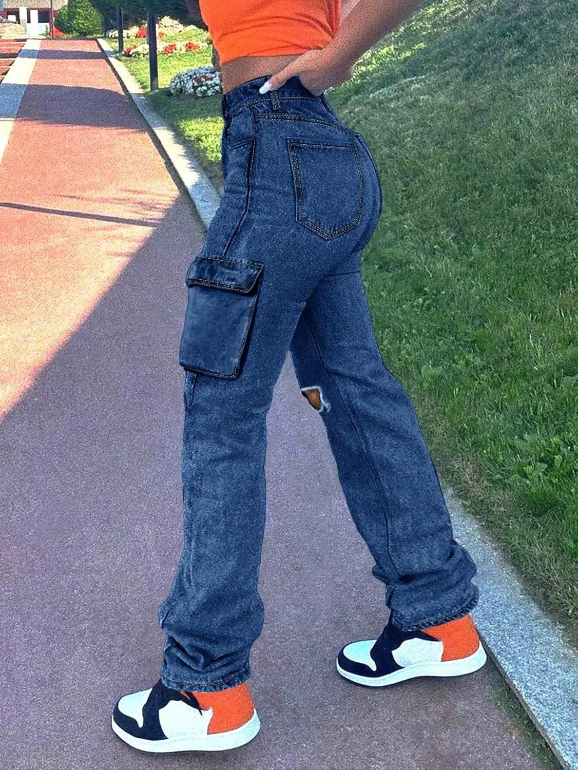 Women's Distressed Ripped Cargo Jeans High Waisted Straight Leg Denim Pants