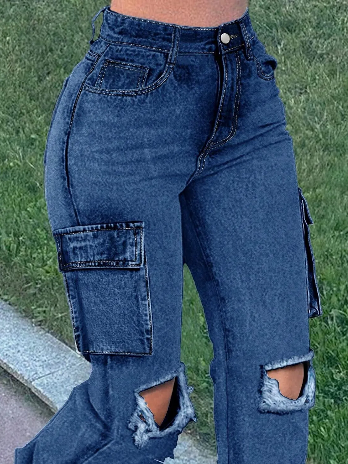 Women's Distressed Ripped Cargo Jeans High Waisted Straight Leg Denim Pants