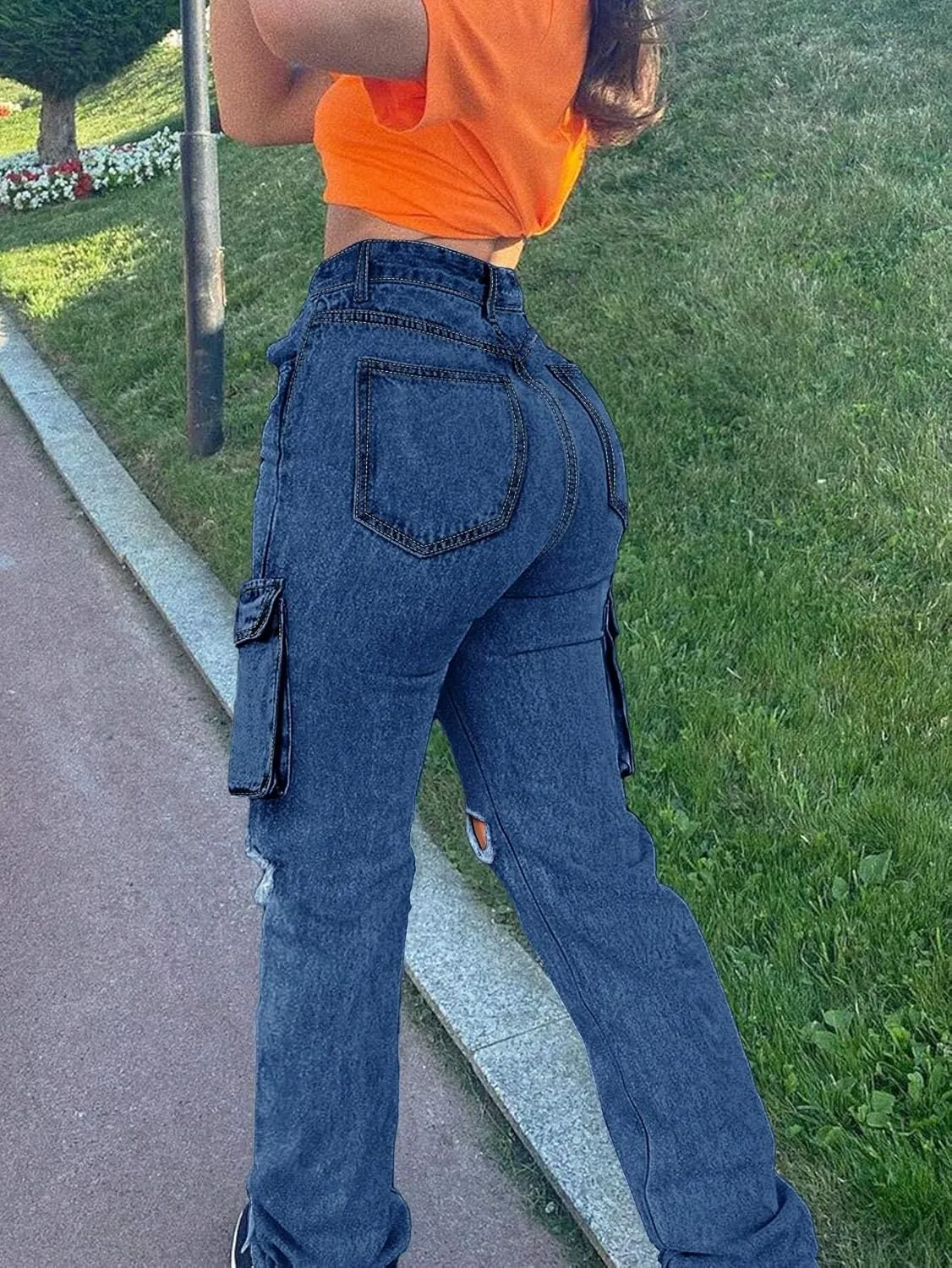 Women's Distressed Ripped Cargo Jeans High Waisted Straight Leg Denim Pants