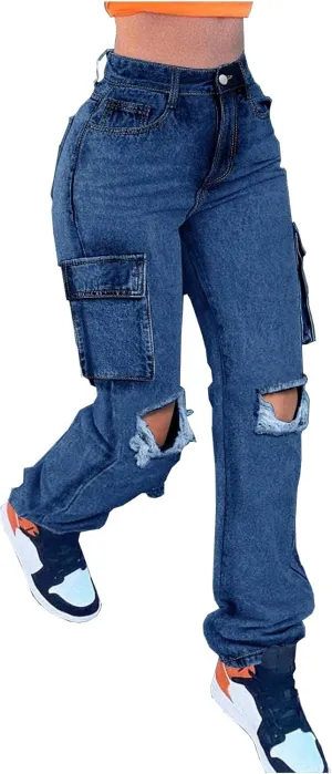 Women's Distressed Ripped Cargo Jeans High Waisted Straight Leg Denim Pants