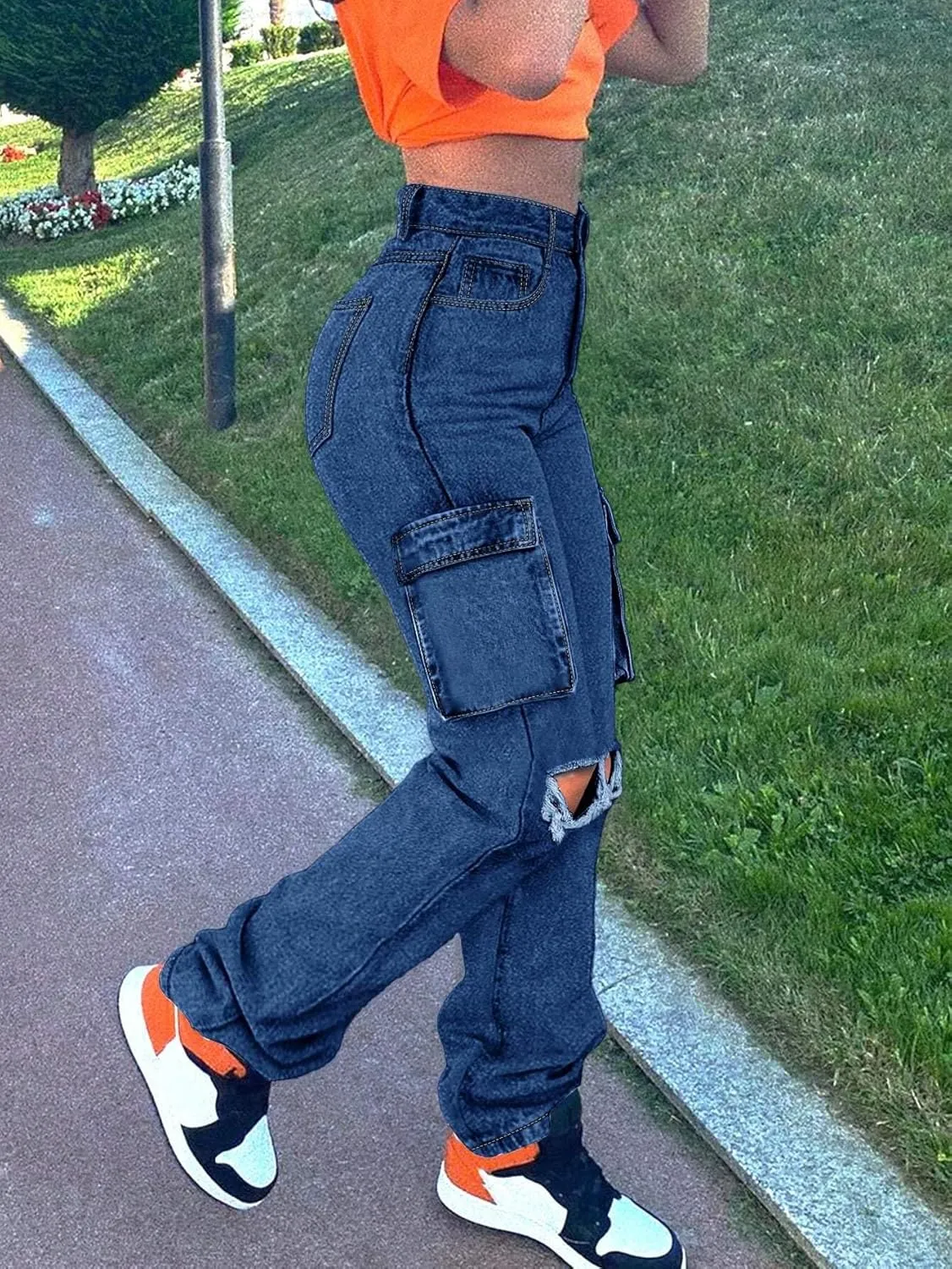 Women's Distressed Ripped Cargo Jeans High Waisted Straight Leg Denim Pants