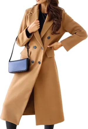 Women's Double Breasted Pea Coat,Classic Notched Collar Mid-Long Wool Blend Trench Coat,Womens Winter Coats Long