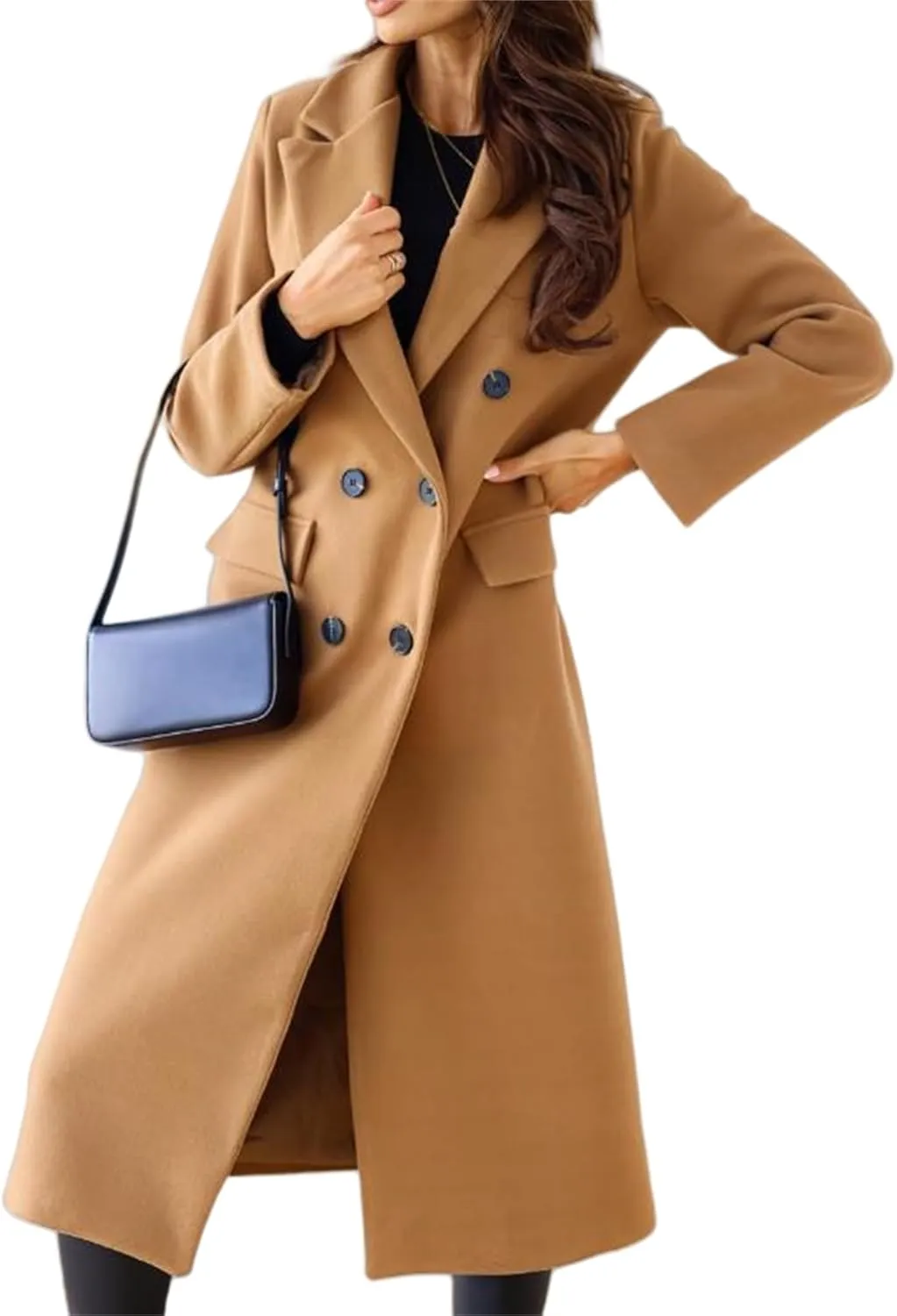 Women's Double Breasted Pea Coat,Classic Notched Collar Mid-Long Wool Blend Trench Coat,Womens Winter Coats Long