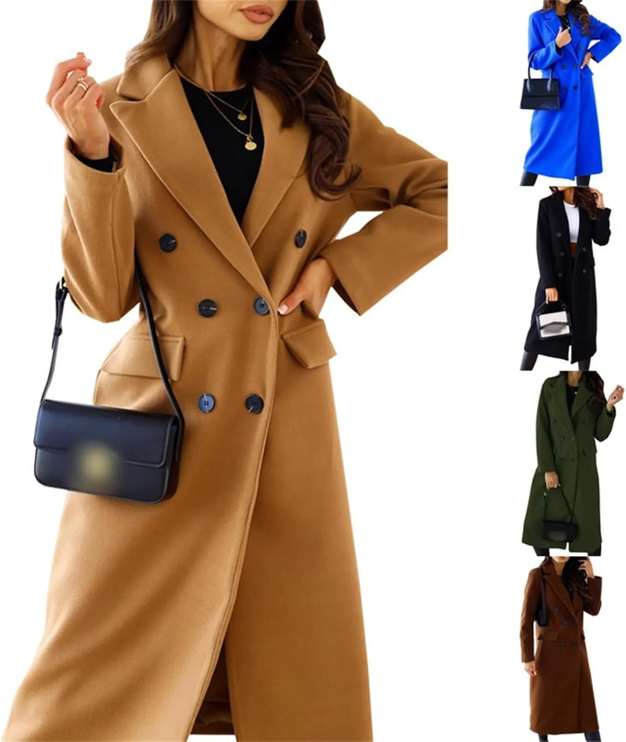 Women's Double Breasted Pea Coat,Classic Notched Collar Mid-Long Wool Blend Trench Coat,Womens Winter Coats Long