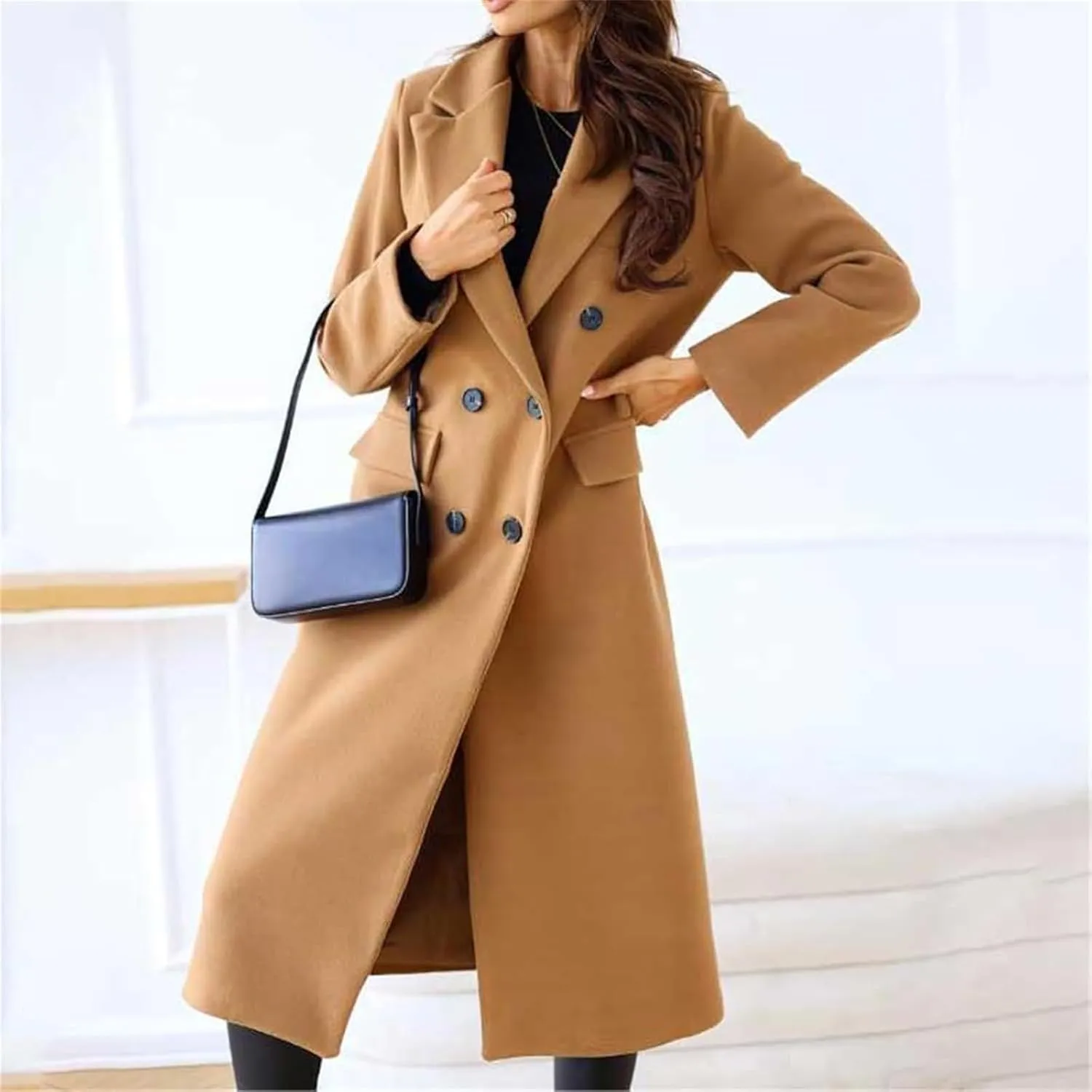 Women's Double Breasted Pea Coat,Classic Notched Collar Mid-Long Wool Blend Trench Coat,Womens Winter Coats Long