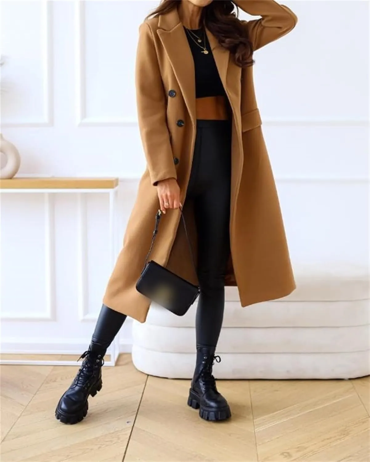 Women's Double Breasted Pea Coat,Classic Notched Collar Mid-Long Wool Blend Trench Coat,Womens Winter Coats Long